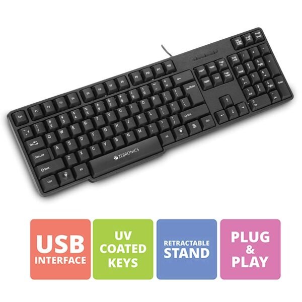 Zebronics USB Keyboard with Rupee Key, USB Interface and Retractable Stand - K2000